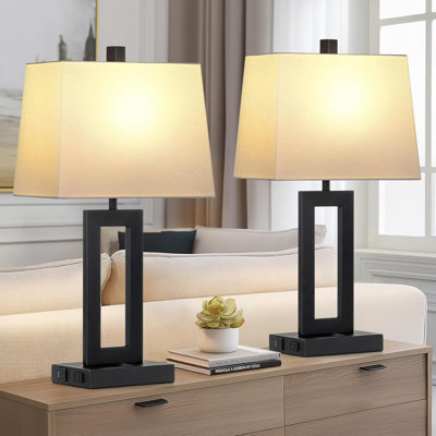 Ensemble de 2 lampes de table modernes avec ports USB C & A et prise de courant, lampes de chevet pour table de chevet, salon, bureau, ampoules à DEL incluses, assemblage facile