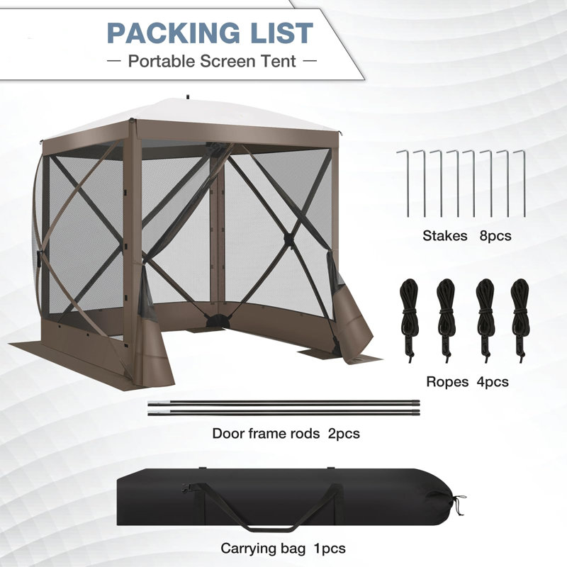 6FTx6FT Screen Room with Mosquito Netting, Hub Tent Instant Screened Canopy with Carrying Bag and Ground Stakes, Brown