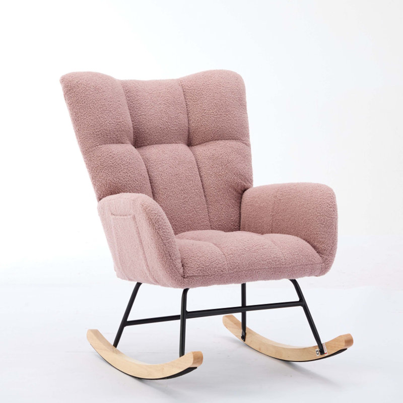 Pink Teddy Upholstered Nursery Rocking Chair with Solid Wood Legs