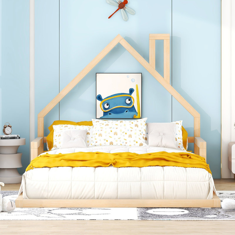 Lit en bois avec tête de lit en bois, Naturel, Lit double