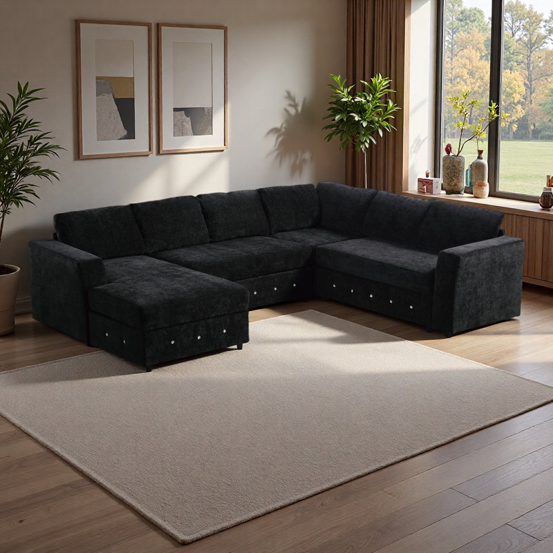 110.75" Sectional Sofa,Oversized Modular Sofa,Chaise Storage, Black Chenille