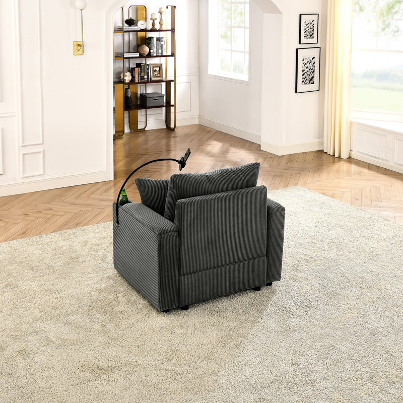 Chaise en velours côtelé avec rangement, couleur grise, siège profond et porte-gobelets pour rangement dans le salon et siège, tissu