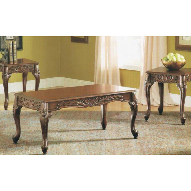 Table basse et table de bout en cerisier foncé 3 pièces, style fleuri, rectangulaire, rectangulaire pour le salon, avec détails élégants