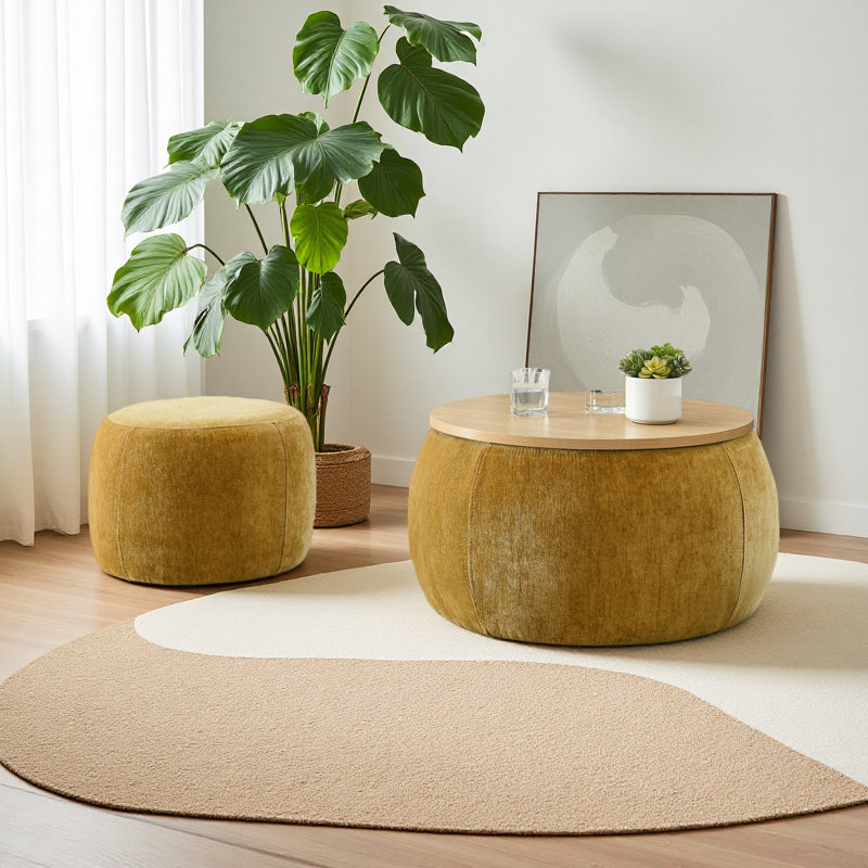 Round Storage Ottoman, 2 In 1 Function, Work As End Table And Ottoman,With Small Seat, Dark Yellow