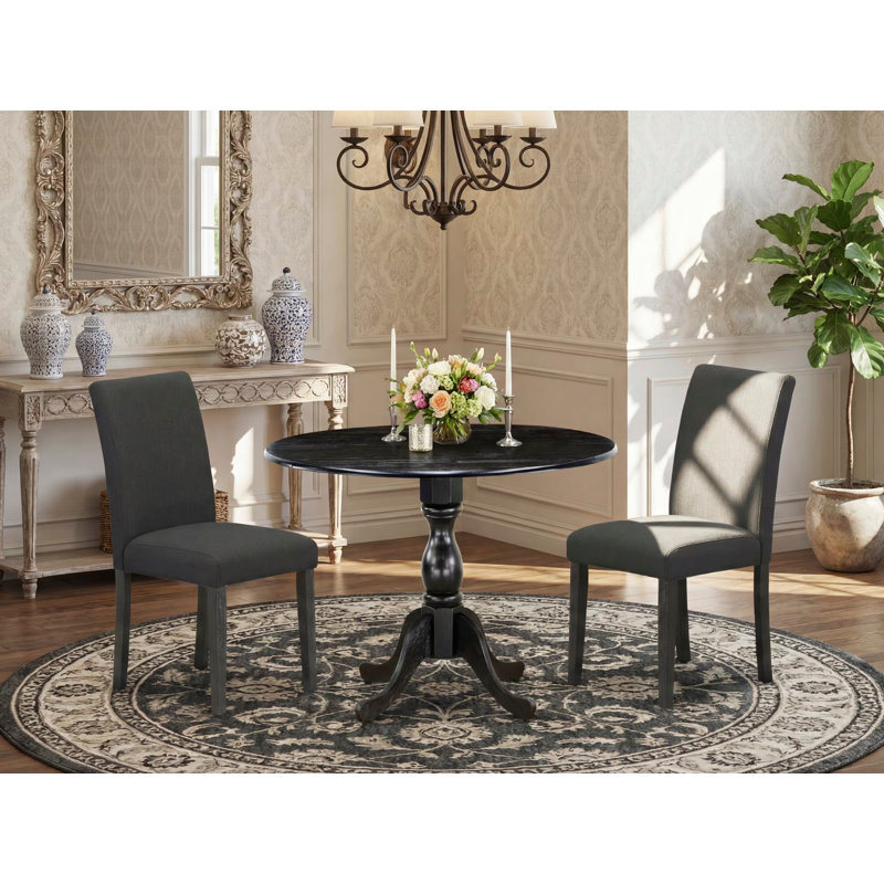 3 Piece Modern Dining Table Set Contains a Round Wooden Table with Dropleaf and 2 Black Color Linen Fabric Upholstered Chairs, Wire brushed Black