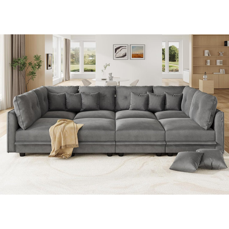 Degennaro 8 Seat Corduroy Convertible Modular Sectional Sleeper With Storage, Gray Corduroy