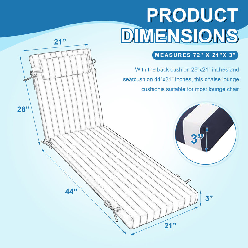 4Ps 3-Inch Thick Outdoor Lounge Chair Cushion-Waterproof And Colorfast, Suitable For Most 72-Inch Pool Balcony Chairs., 72" W
