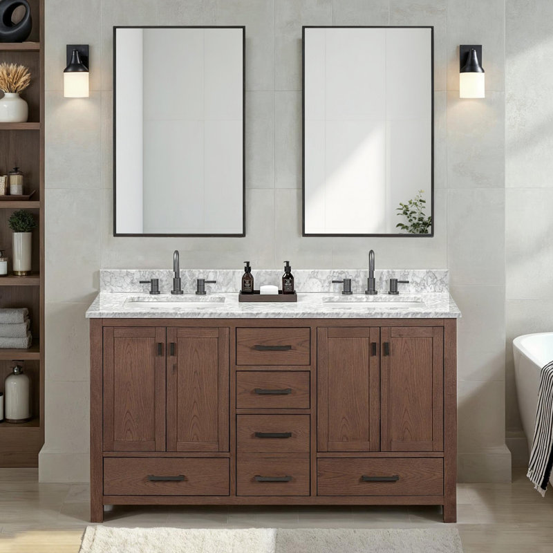 Meuble-lavabo double 60 po avec plateau Souther, Blanc de Carrare, Noir, Chêne moka
