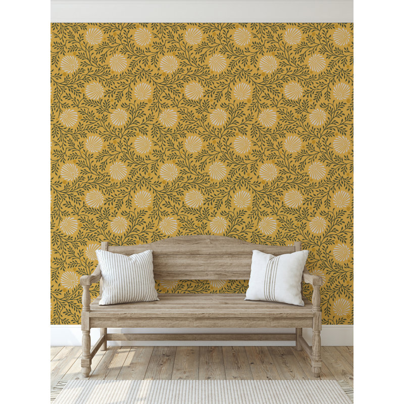 Rouleau de papier peint à motif de marguerites pressées L 33 pi x l 20,5 po Yuki Osada, Jaune moutarde