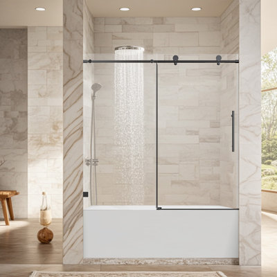 56-60" W x 60" H Frameless Single Sliding Shower Door, 5/16" Tempered Glass, Matte Black, Soft-Close