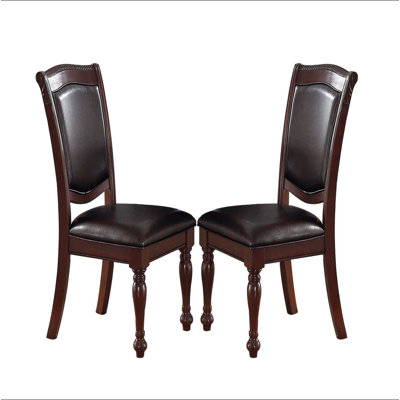 Gorgeous Formal Set of 2 Side Chairs Brown Rubberwood Dining Room Furniture Faux Leather Upholstered Seat