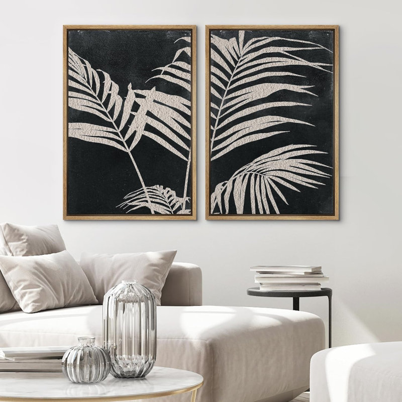 Art mural minimaliste noir sur feuille de palmier noir, impression neutre sur toile encadrée, 2 pièces, Naturel