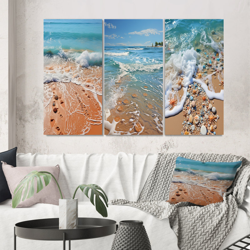«Turquoise Beach Seashell», 3 pièces sur toile, Toile tendue, H 20 po x l 36 po