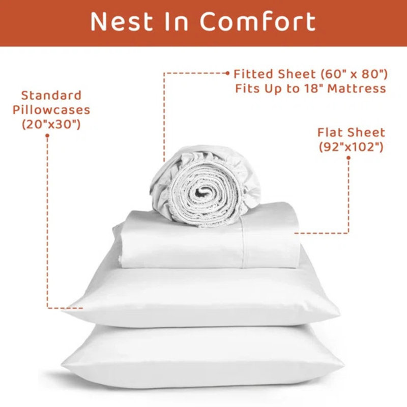 Loomsnest 100% Long Staple Cotton 400 Thread Count Sateen Sheet Set, Wrinkle Resistant, Deep Pocket, Fits up to 18", Queen, White