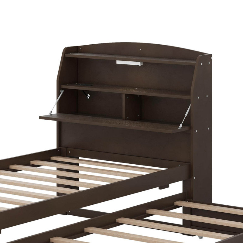 Lit plateforme simple en bois à DEL avec tiroirs, tête de lit et lit gigogne, Brun