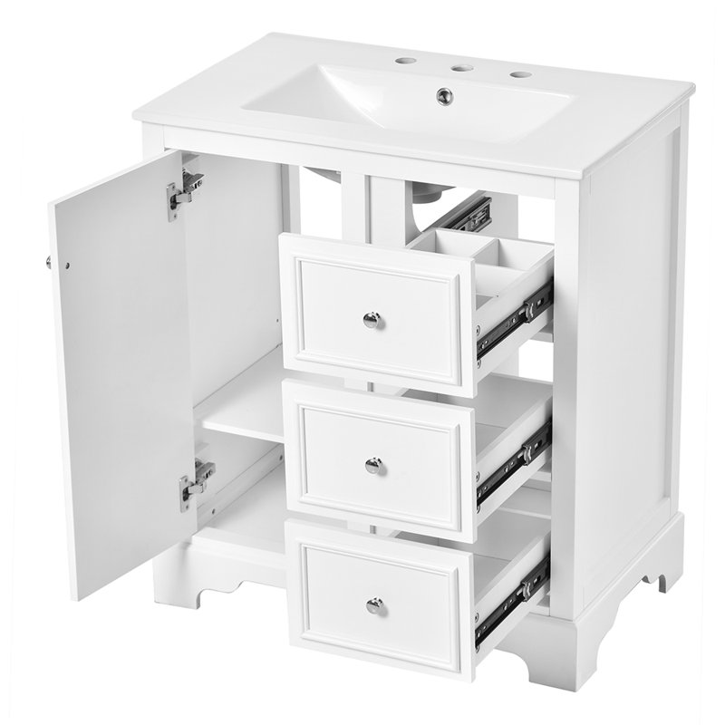meuble-lavabo de salle de bain avec lavabo en céramique 3 tiroirs et tablettes réglables, Argent, Blanc