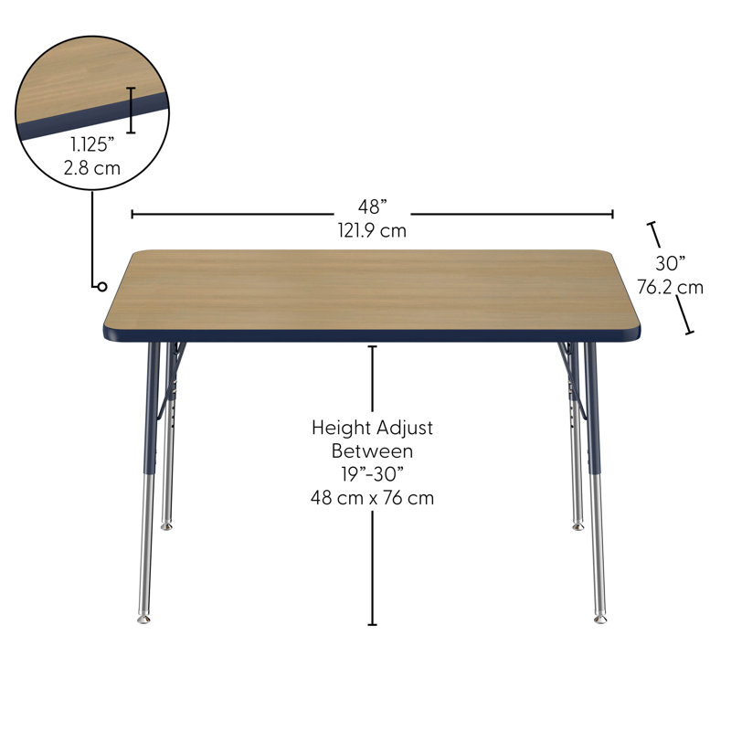 Table rectangulaire d'activité rectangulaire avec pieds réglables, 30" x 48", Chêne Pasadena / bleu marine