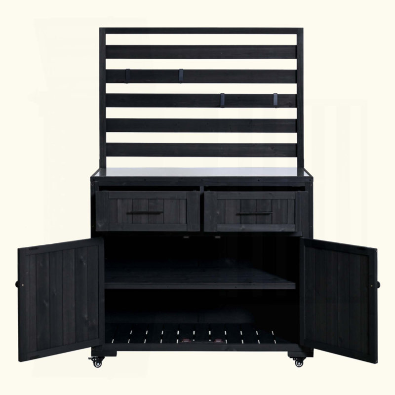 Kitchen Island Solid Wood Kitchen Cart, Grill Prep BBQ Table, Garden Potting Bench With Stainless Table Top, 3 Movable Shelves And 2 Drawers