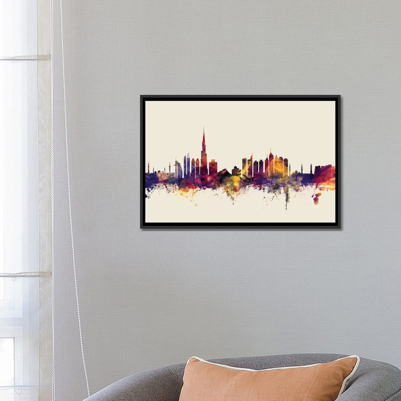 «Dubaï, EAU sur beige» par Michael Tompsett - Toile tendue avec châssis, H 18 po x l 26 po x P 1,5 po, Toile avec cadre noir
