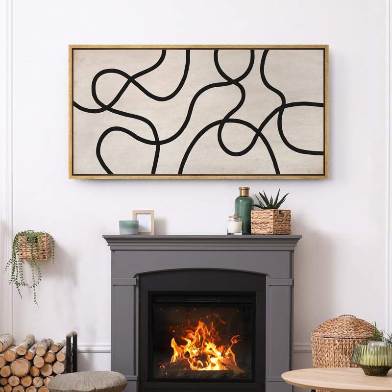 Lignes noires abstraites sur art moderne beige, H 30 po x l 60 po, Naturel