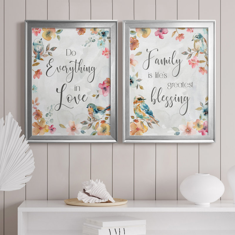 «Spring Bird Love», ensemble de 2 peintures sur toiles, H 22,5 po x l 61 po x P 1,5 po, Toile avec cadre argenté