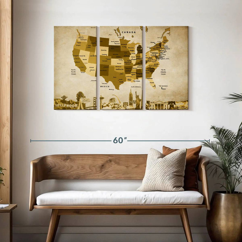 Carte des États-Unis en bronze Aliaz, H 28 po x l 45 po