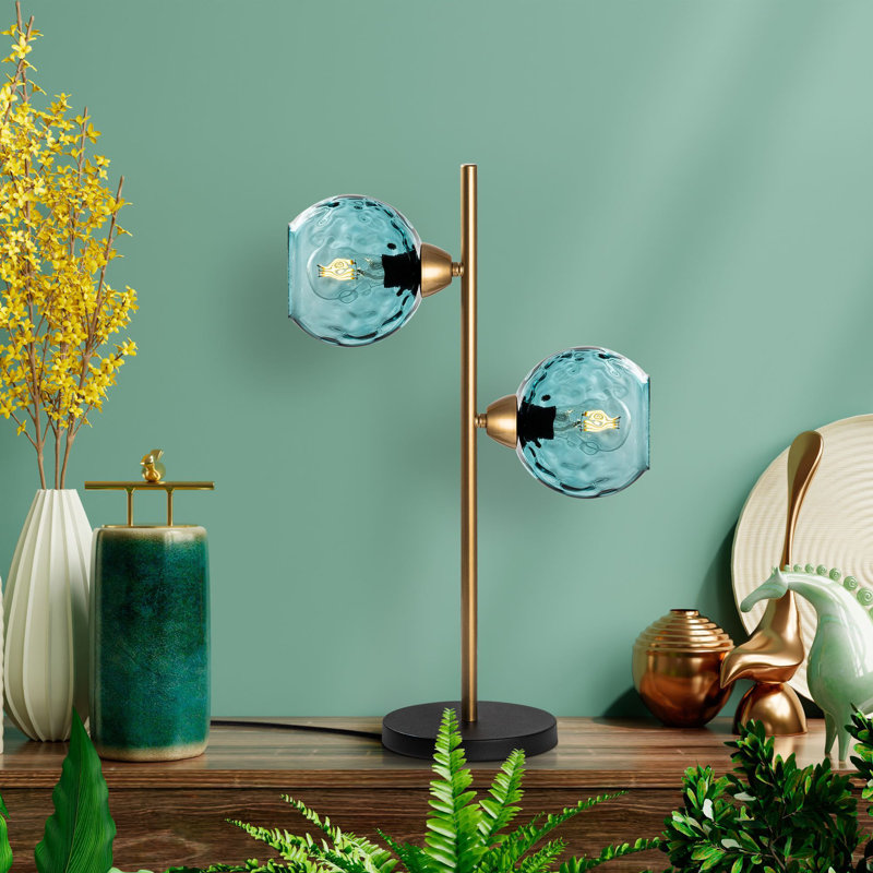 Lampe de table moderne en or avec corps en métal et capuchon en verre, 14,2 po x 7,1 po x 22,8 po | Plaque de base de 7,1 po de diamètre, type de douille: 2 x E27 de 40 W maximum (ampoule non incluse) | Conception élégante élégante pour les solutions de décoration et d'éclairage