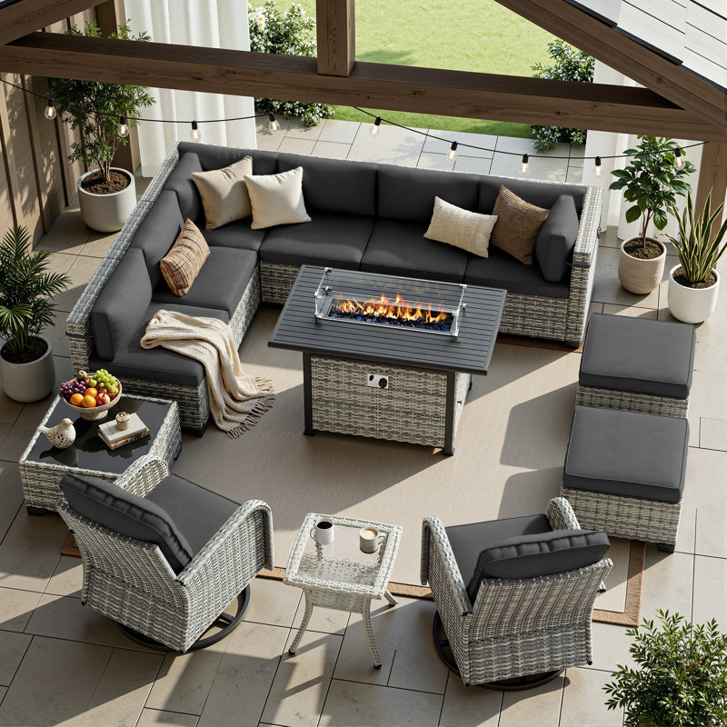 13-Piece Wicker Patio Conversation Set With Fire Pit Table, Modular Sectional, Swivel Rocker Chairs & Ottomans, Black
