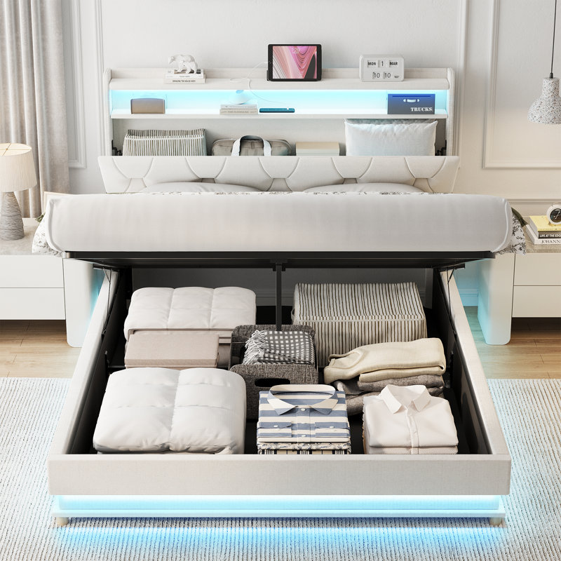 Base de lit avec rangement Lift Up, Beige, Lit simple