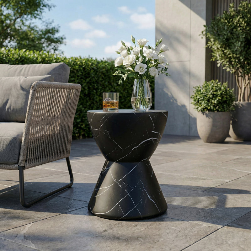 Outdoor Lightweight Concrete Mgo Side/End Table, Living Room Accent Table, Black Marble