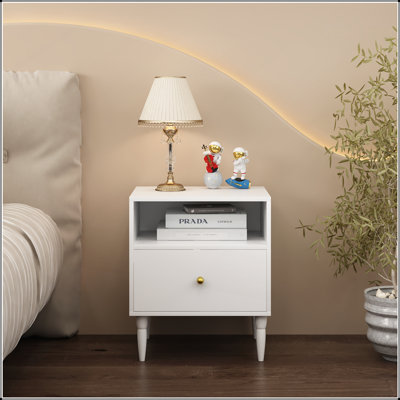 Table de chevet blanche moderne avec tiroir et tablette ouverte pour espaces compacts