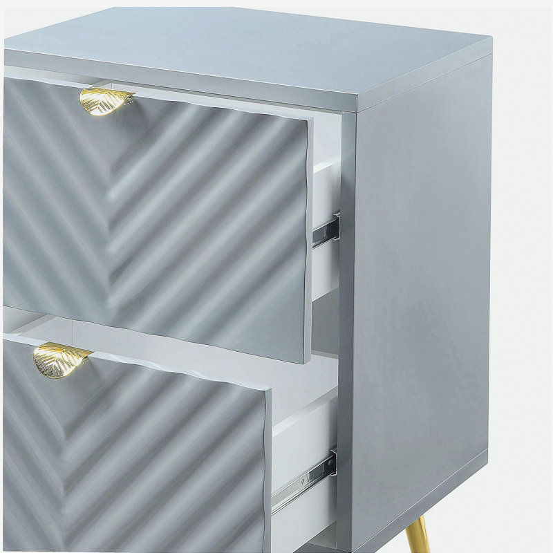 Table de chevet 2 tiroirs grise ultrabrillante, Gris