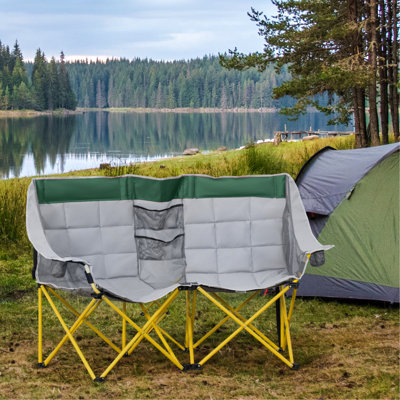 Chaise pliante avec porte-gobelet et tissu pour les loisirs de plein air - sac de transport gris et pochette de rangement pratique