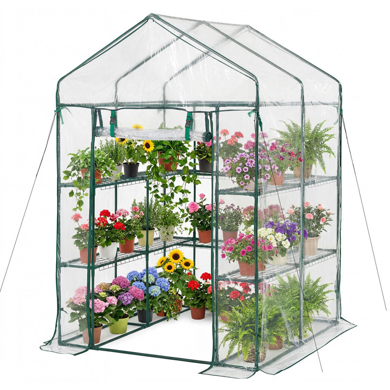 Walk-in Green House, 54 x 54 x 77.2 in, Greenhouse with Shelves, High Strength PE Cover with Zipper Door and Steel Frame, Assembly in Minutes, Suitable for Planting and Storage