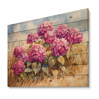 Hortensias dans le champ de grains II - Art mural en bois d'hortensias - sur bois de pin naturel