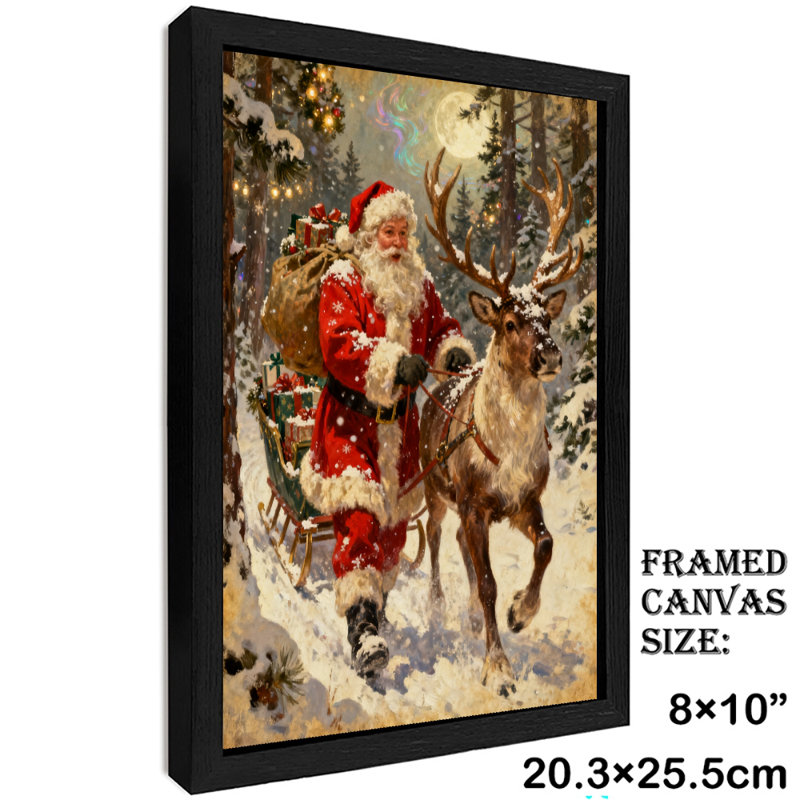 Père Noël rétro noir encadré avec art mural de style rétro, H 11 po x l 9 po