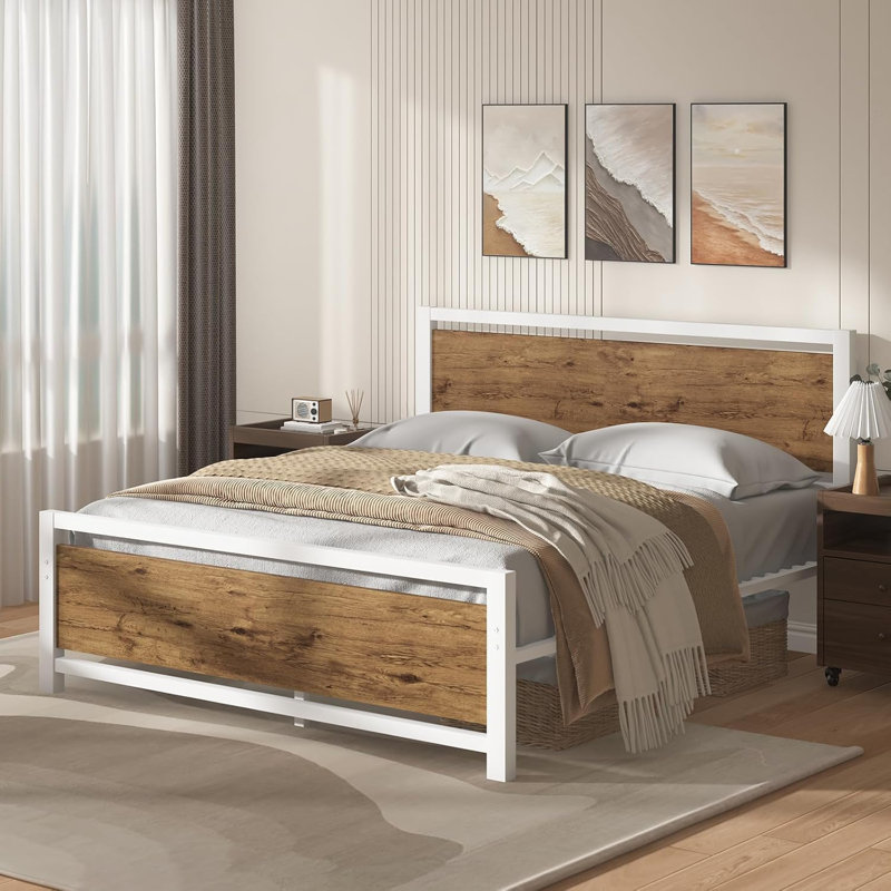 Industrial Style Bed Frame with Headboard and Wooden Footboard, White/Brown, Queen