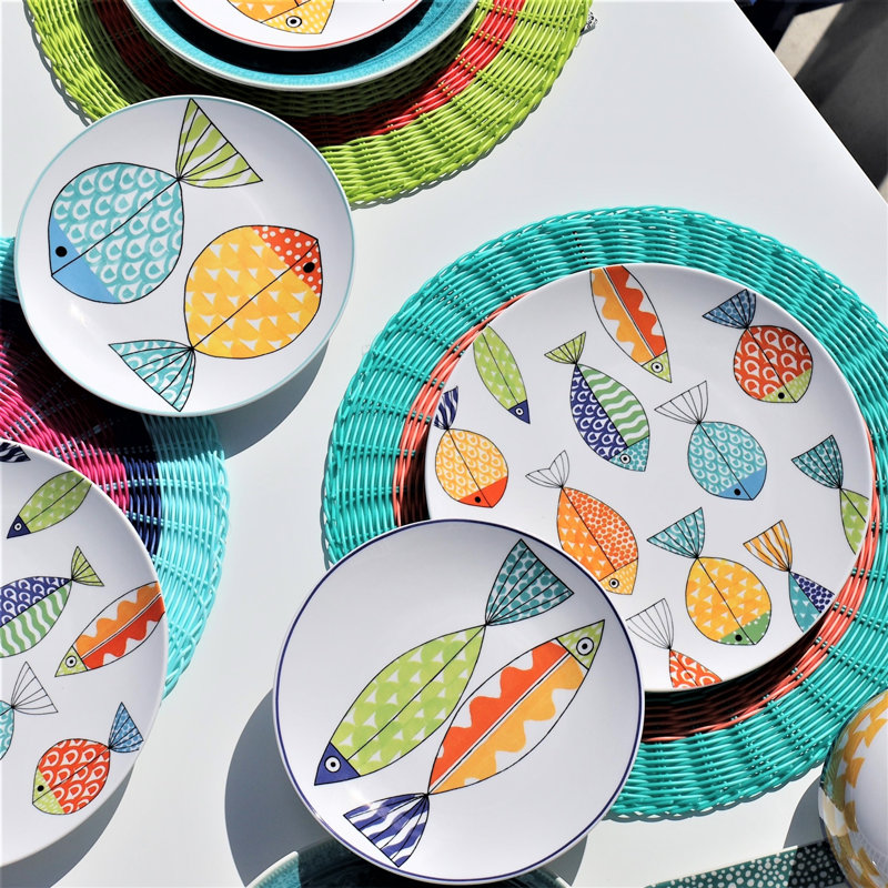 FreshCatch 12-Piece Colorful Fish Porcelain Dinnerware Set