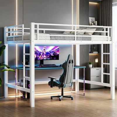 Lit mezzanine en métal robuste, lit mezzanine avec bureau et barrières de sécurité complètes, cadre de lit surélevé avec échelle intégrée, conception peu encombrante pour la chambre à coucher, le dortoir, le bureau personnel, aucun sommier tapissier nécessaire (noir / blanc)