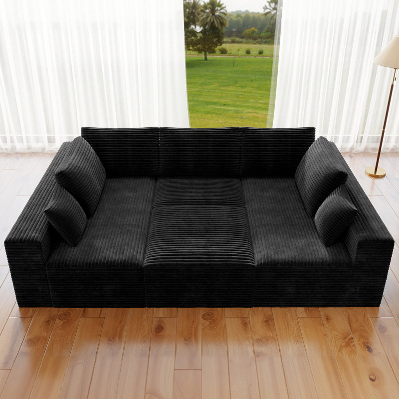 Canapé-lit modulaire de 98 po Koli, canapé-lit à compression pour le sous-sol, appartement, chambre à coucher, velours côtelé noir, aucun assemblage requis
