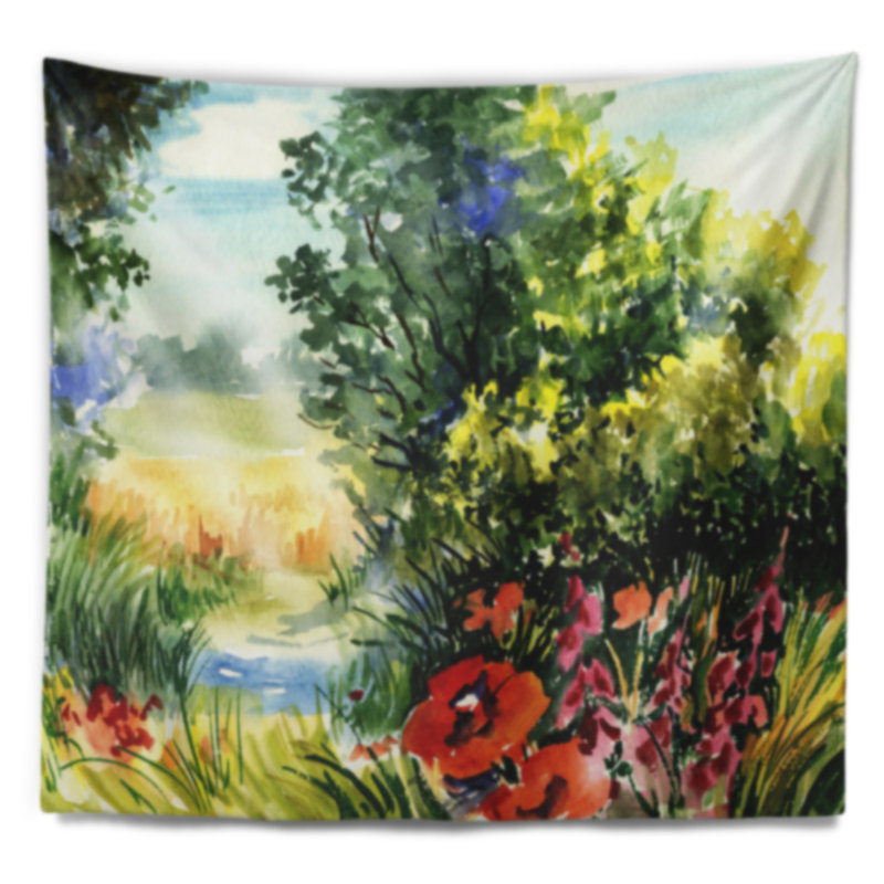 Paysage aquarelle avec tapisserie de fleurs, H 32 po x l 39 po