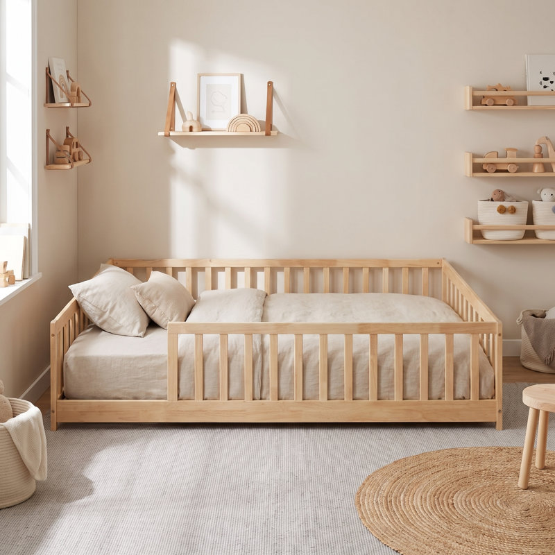 Lit plateforme avec clôture Giezi Kids, Naturel, Full