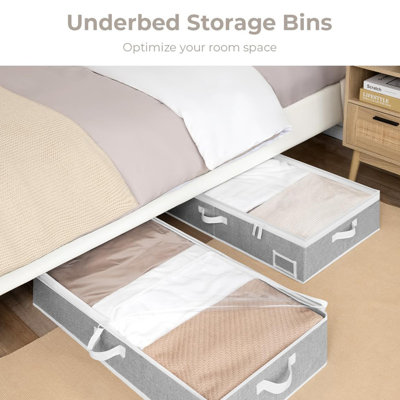 Organisateurs de rangement sous le lit, ensemble de 2 bacs en tissu avec poignées renforcées et pochettes pour étiquettes pour vêtements, couvertures et articles saisonniers