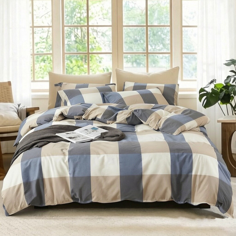 Ensemble de housse de couette en vichy XINMIANFANG, 100% coton délavé, lin texturé, literie écossaise bleu clair, fermeture à glissière, 2 taies décoratives