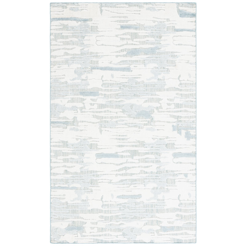 Tapis bleu / ivoire en laine, viscose et coton tissé à la main Elixis, Rectangle 8 pi x 10 pi