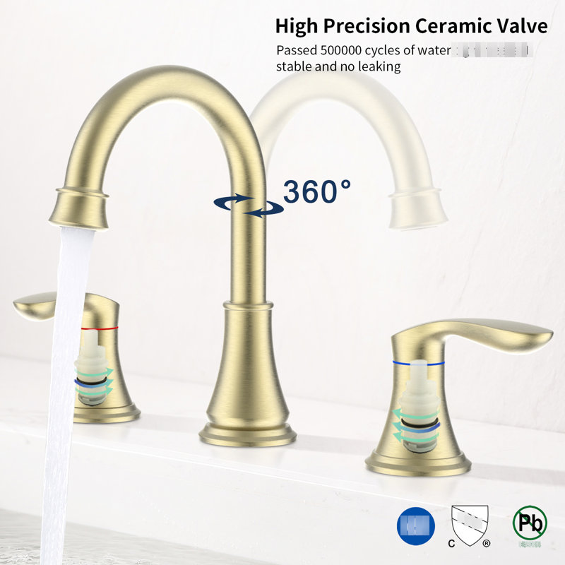 Brushed Gold Bathroom Sink Faucet 8" Widespread - 2 Handles, 3 Holes, 360 Swivel Spout, To Chemicals Stable Function, Gold