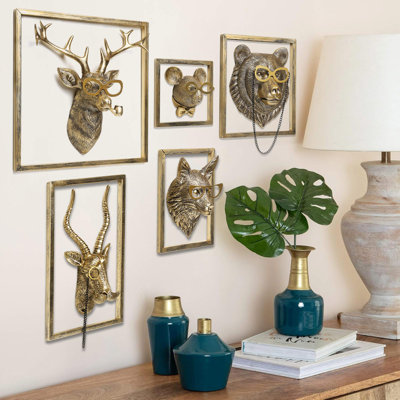 Animal Heads Wall Decor (5Pcs, Includes Metal Frame) Resin Animals Sculptures Head Wall Hanging Decoration Gold Vintage Wall Sculpture
