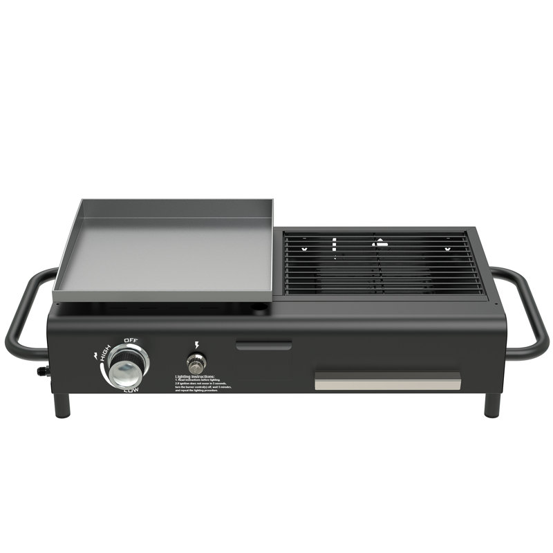 Plaque chauffante portative combinée au propane et au charbon de bois avec plaque chauffante, barbecue à plateau plat de 12 000 BTU avec poignées de transport, barbecue extérieur compact pour le camping