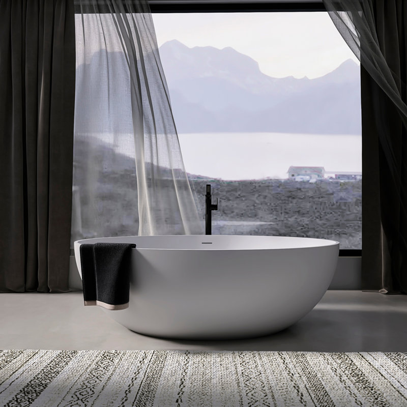 67 Inch Freestanding Solid Surface Soaking Bathtub For Bathroom, Matte White