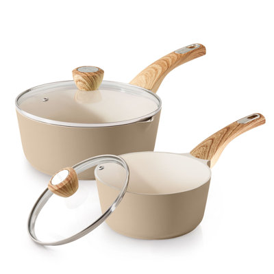 2.0 QT & 3.0 QT Nonstick Ceramic Saucepan Set with Glass Lid, Non-Toxic Healthy, PFAS PTFE Free